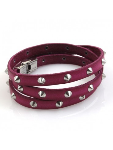 Bracciale in pelle da attorcigliare con borchie fuxia