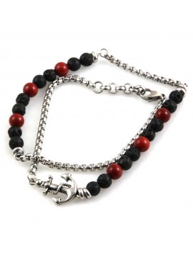 bracciale uomo donna con pietre dure ed ancora in acciaio cm 43 sfere mm 5