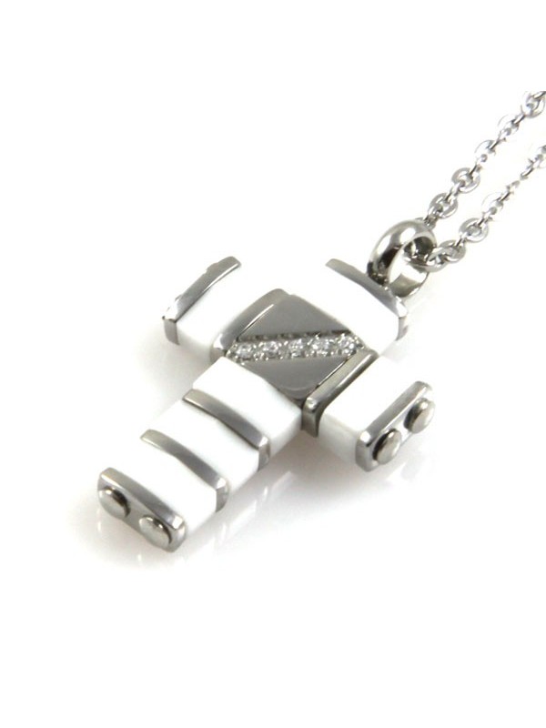 Collana con pendente croce a ciondolo in acciaio e ceramica