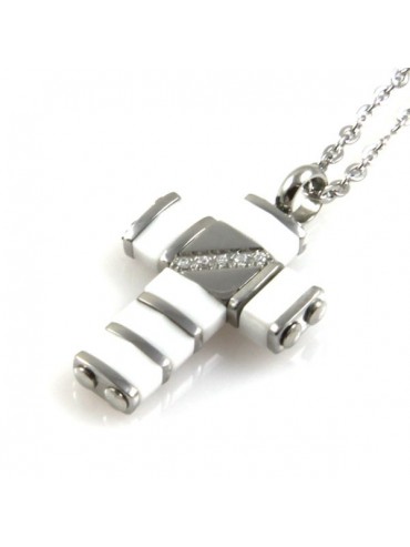 Collana con pendente croce a ciondolo in acciaio e ceramica