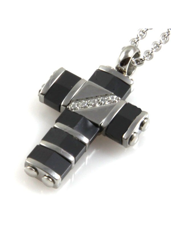 Collana con pendente croce a ciondolo in acciaio e ceramica