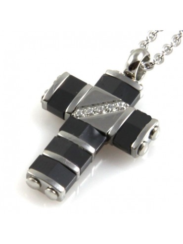 Collana con pendente croce a ciondolo in acciaio e ceramica