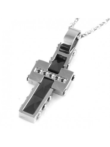 Collana con croce ciondolo pendente in acciaio e ceramica