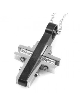 Collana con croce ciondolo pendente in acciaio e strass