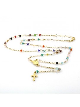 Collana rosario in argento dorato postine colorate
