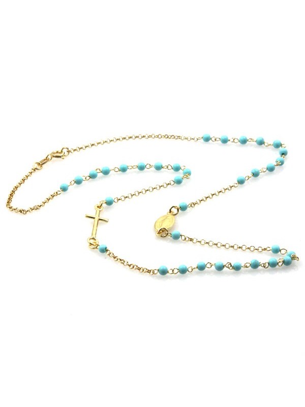 Collana rosario in argento dorato postine turchesi