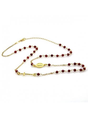 Collana rosario in argento dorato postine rosse