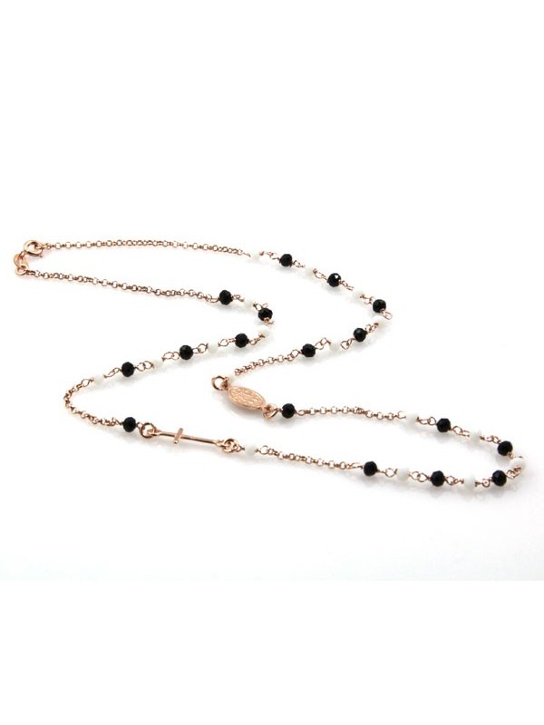 Collana rosario in argento ramato postine bianche e nere