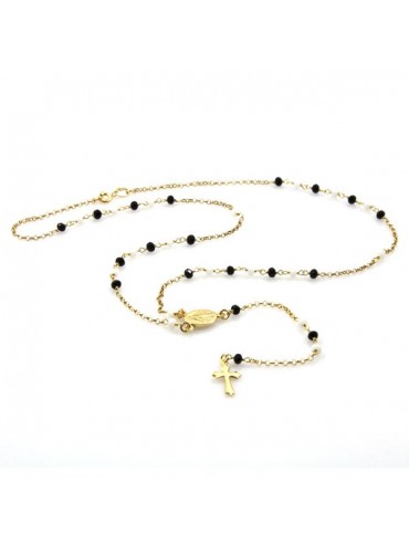 Collana rosario in argento dorato postine bianche e nere
