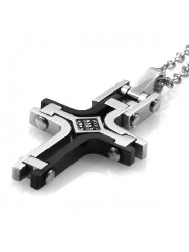 collana con croce ciondolo pendente in acciaio con strass bicolore