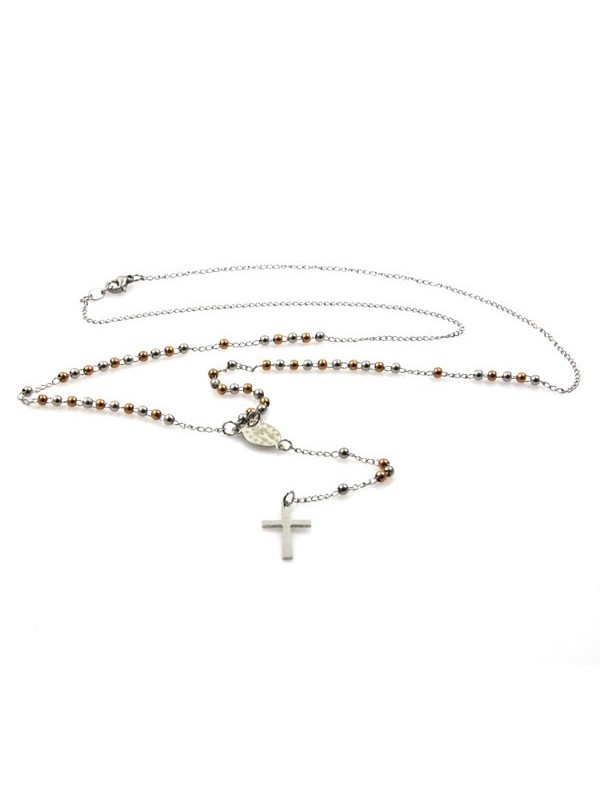 collana rosario acciaio con postine alternate argentate e ramate