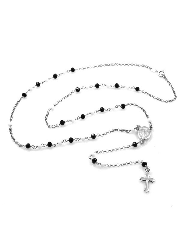 collana rosario in argento postine nere e bianche