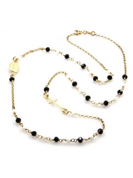 collana rosario in argento dorato postine nere e bianche