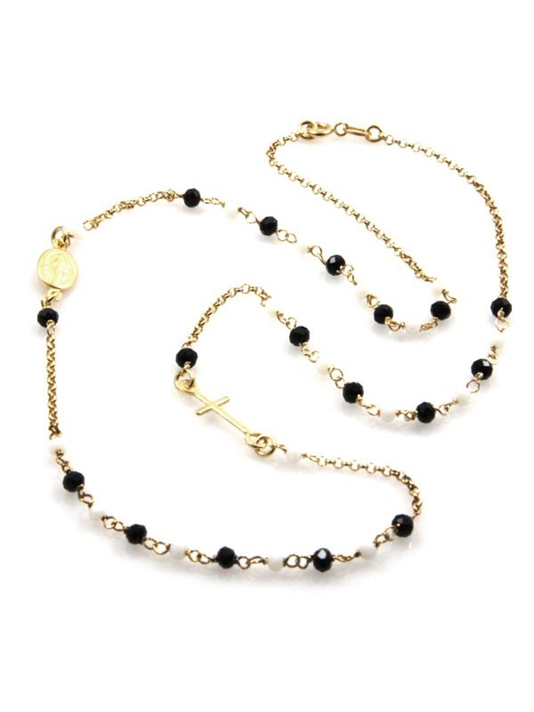 collana rosario in argento dorato postine nere e bianche