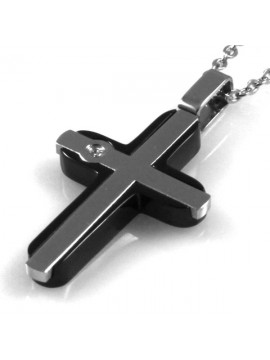 collana con croce in acciaio bicolore con strass