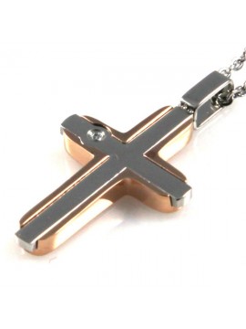 collana con croce in acciaio e ramata con strass