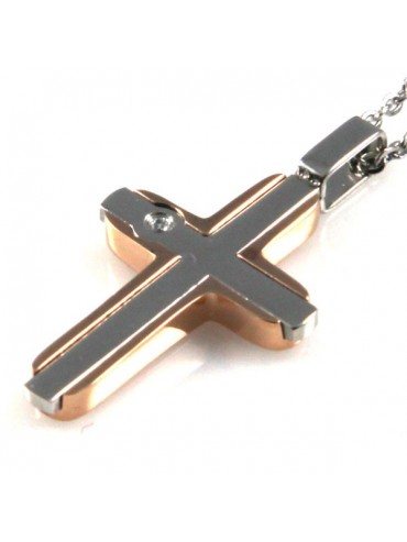 collana con croce in acciaio e ramata con strass