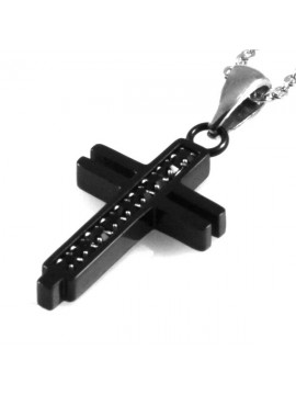 collana con croce in acciaio nero e strass