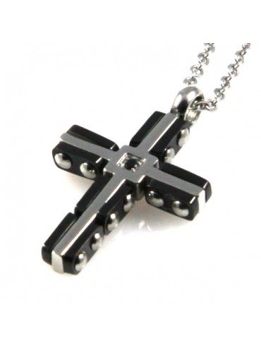 collana con croce in acciaio e strass centrale