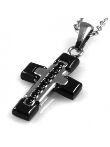 collana con ciondolo pendente croce in acciaio e strass