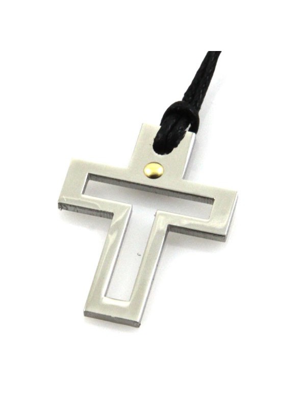 Collana croce in acciaio e punto in oro