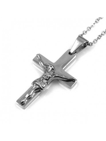 collana con ciondolo pendente croce classica in acciaio con cristo