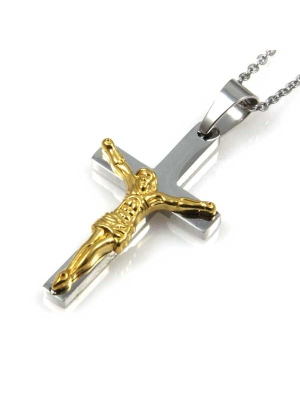 collana con ciondolo pendente croce classica in acciaio con cristo dorato