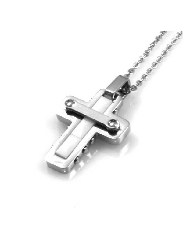 collana con croce ciondolo pendente acciaio e ceramica