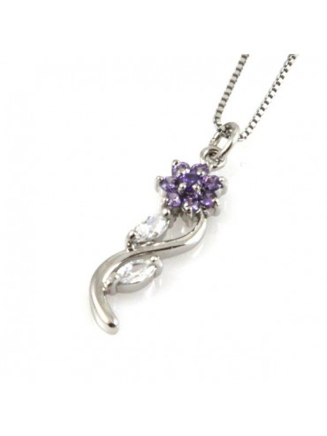 Collana fiore in argento 925 con strass viola