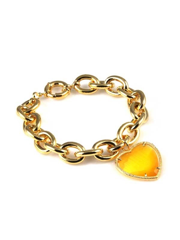 bracciale in bronzo dorato con cuore di cristallo ambra