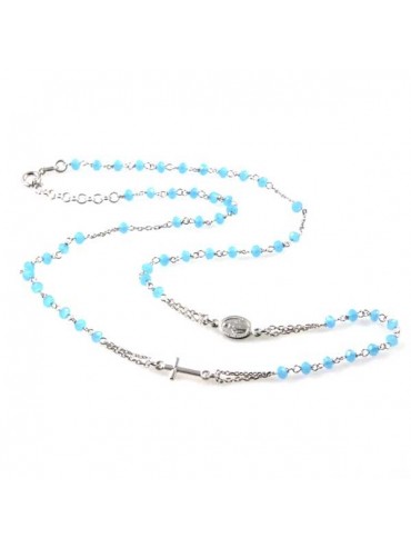 collana rosario in argento 925 postine celesti in cristallo sfaccettato