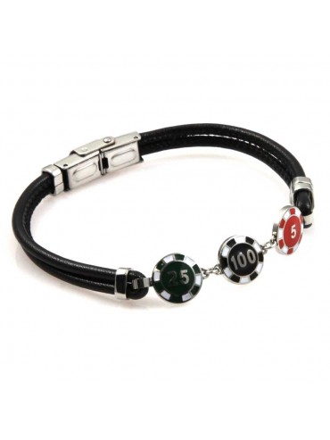 bracciale con fish da gioco in acciaio e cordoncino in pelle