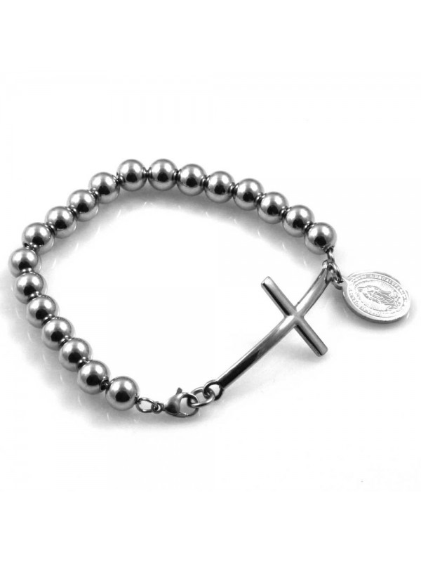 bracciale in acciaio a sfere con croce e medaglia miracolosa