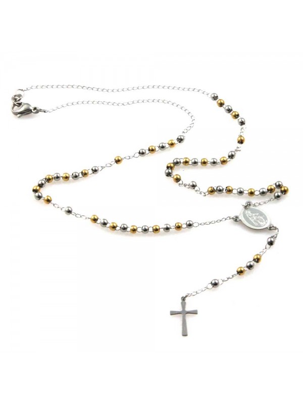 collana rosario in acciaio postine dorate e argentate