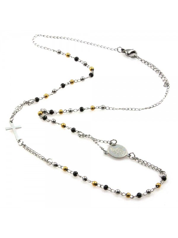 collana rosario in acciaio postine nere dorate e argentate modello girocollo