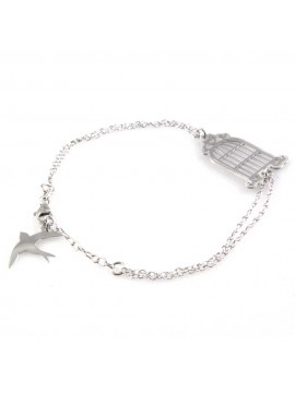 bracciale donna in argento 925 con ciondoli gabbia e rondine uccelino