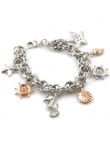 bracciale donna in bronzo gioiello con ciondoli conchiglia stella timone cavalluccio marino misura cm 19