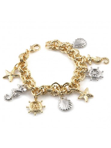 bracciale donna in bronzo gioiello con ciondoli marinari timone conchiglia cavallucio marino misura cm 19