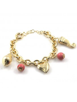 bracciale donna in bronzo gioiello con ciondoli conchiglia corno cuore e pietre misura cm 19