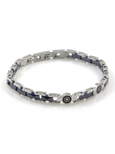 bracciale uomo con timone gioiello in acciaio e ceramica blu sfaccettata cm 21 mm 6