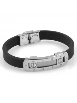 bracciale uomo con piastra particolare con viti gioiello in acciaio e caucciu cm 21 mm 10