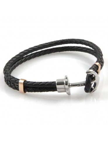 bracciale uomo con ancora gioiello in acciaio zirconi e pelle nera elementi ramati tubolare cm 21 mm 18
