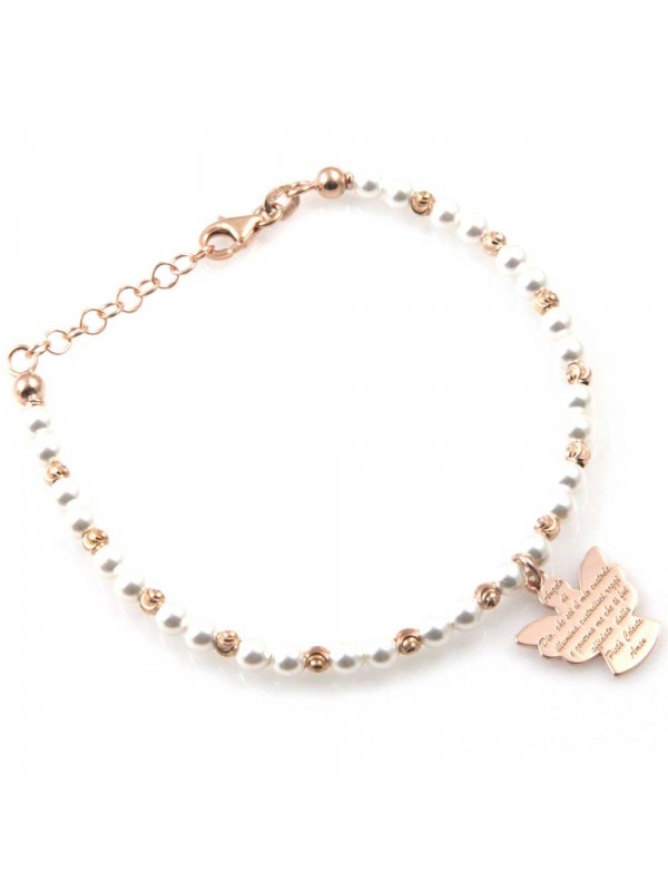 bracciale donna con ciondolo angelo custode preghiera gioiello in argento 925 ramato e perle bianche cm 19 mm 17 mm 15