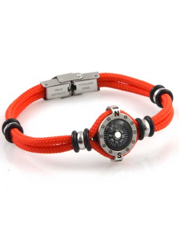 Bracciale uomo con bussola in acciaio e cordoncino marinari colore arancio