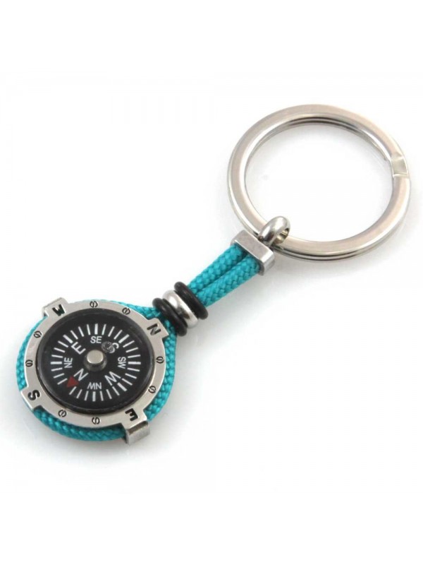 portachiavi uomo con bussola marinara in acciaio e cordoncino marinaro colore turchese