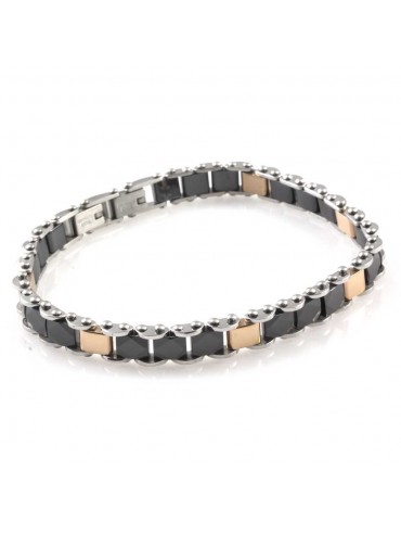 Bracciale uomo in acciaio e ceramica nera elementi ramati