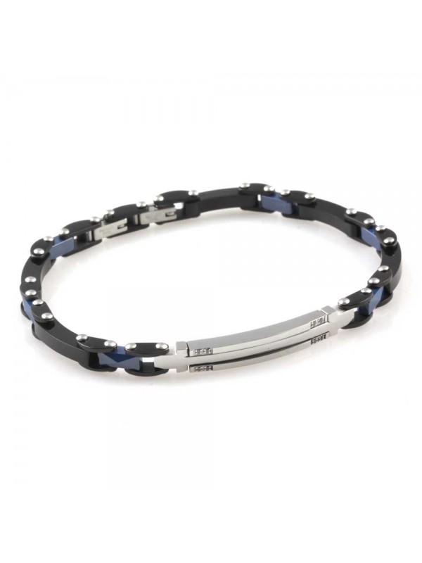 Bracciale uomo in acciaio e ceramica azzurra elemento piastra