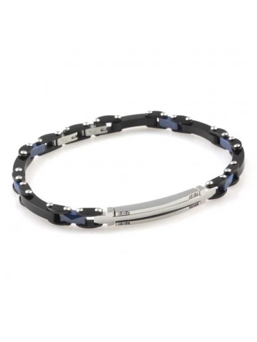 Bracciale uomo in acciaio e ceramica azzurra elemento piastra