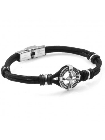 Bracciale con rosa dei venti uomo in acciaio e cordoncino