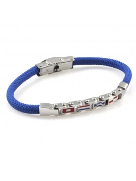 Bracciale uomo con bandiere nautiche in acciaio e cordoncino blu
